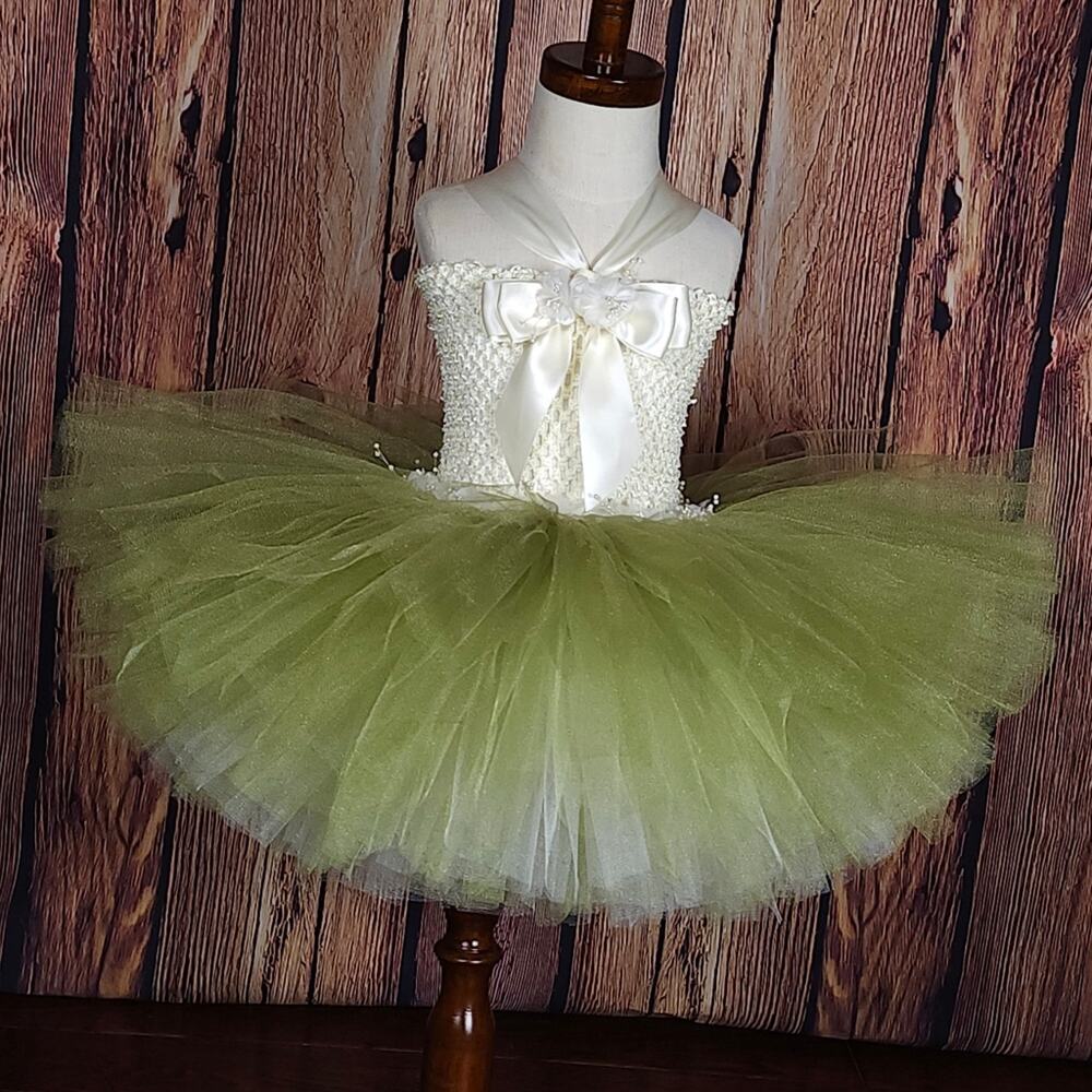 Handmade Cream & Green Ombré Tutu Dress 18M–3T + Hair Clip